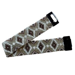Express 90s Beaded Belt Tribal Boho Stretch Wide Neutral Brown White Small NEW